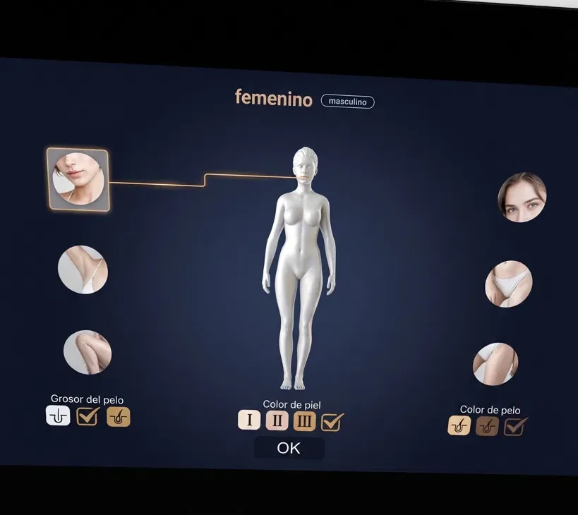 Pantalla de la Luxury Pro 4D con el resultado del escaneo: zona del rostro seleccionada, grosor del pelo, color de piel y color del pelo marcados automáticamente