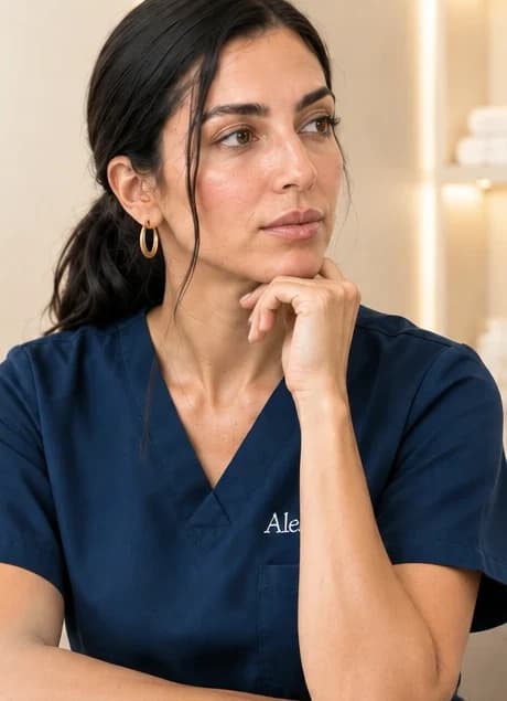 Esteticista con uniforme azul marino, pensativa, apoyada en el mostrador