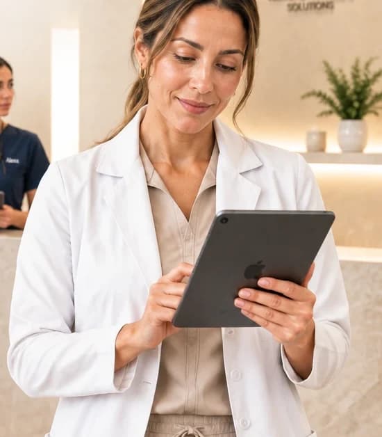 Esteticista con bata blanca revisando mensajes de clientas en una tableta